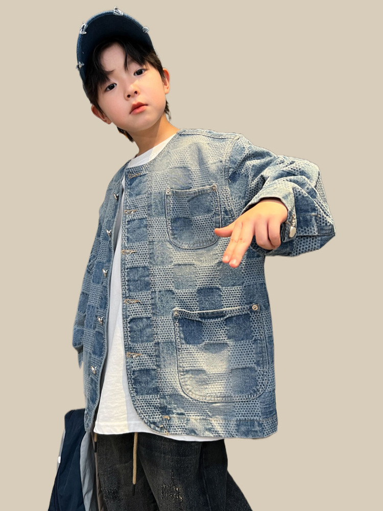 (2개) 소년 데님 코트 2024 새로운 어린이 가을 코트 시원하고 서양식 큰 어린이 가을 야구 세트
