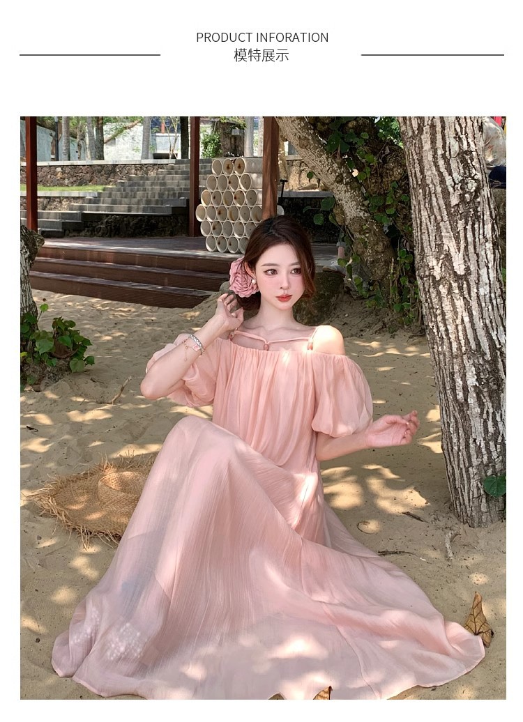 Off Shoulder Short Sleeve Vacation Dress For Summer Holidays_voghion.com