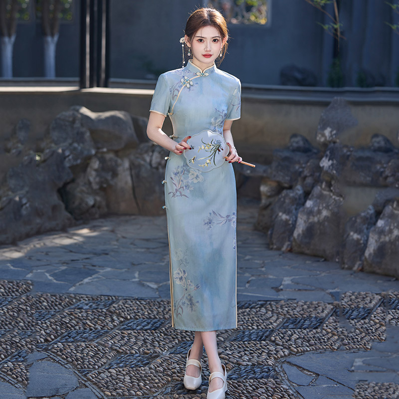 國風中式長款改良旗袍2025新款夏季年輕款女復古修身短袖平時可穿