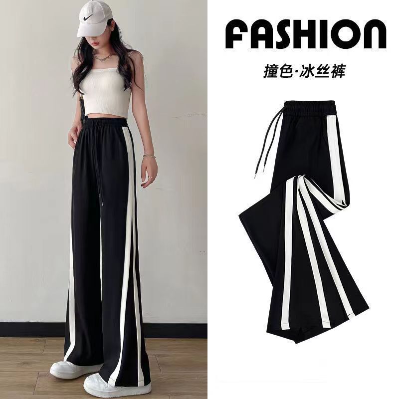 Straight-Leg Pants for Women, Spring and Summer New Style, Plus-Size Black Wide-Leg Pants, Trendy Versatile Loose Casual Pants, Black and White Color Block