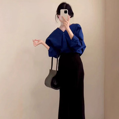 2025新款克莱因蓝色衬衫外套女早秋季高级感气质长袖衬衣两件套装