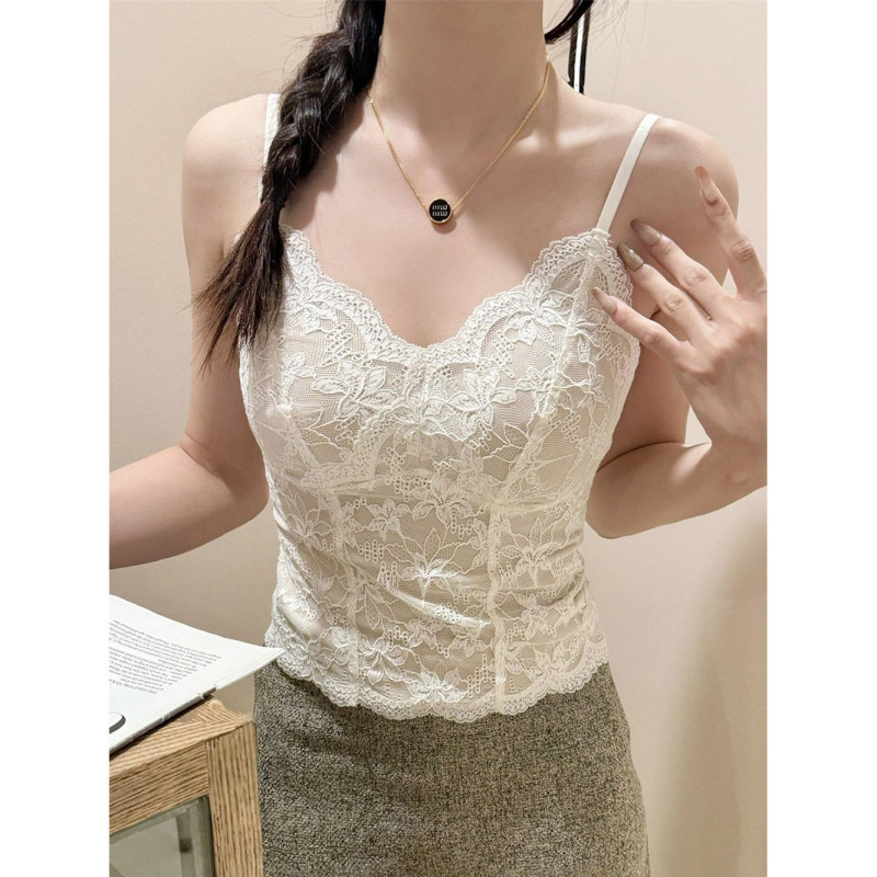 Pure Desire Ceiling V-Neck Lace Camisole for Women, Summer Outerwear with Chest Pads, Fishbone Base Layer Top, Slim Fit Inner Vest