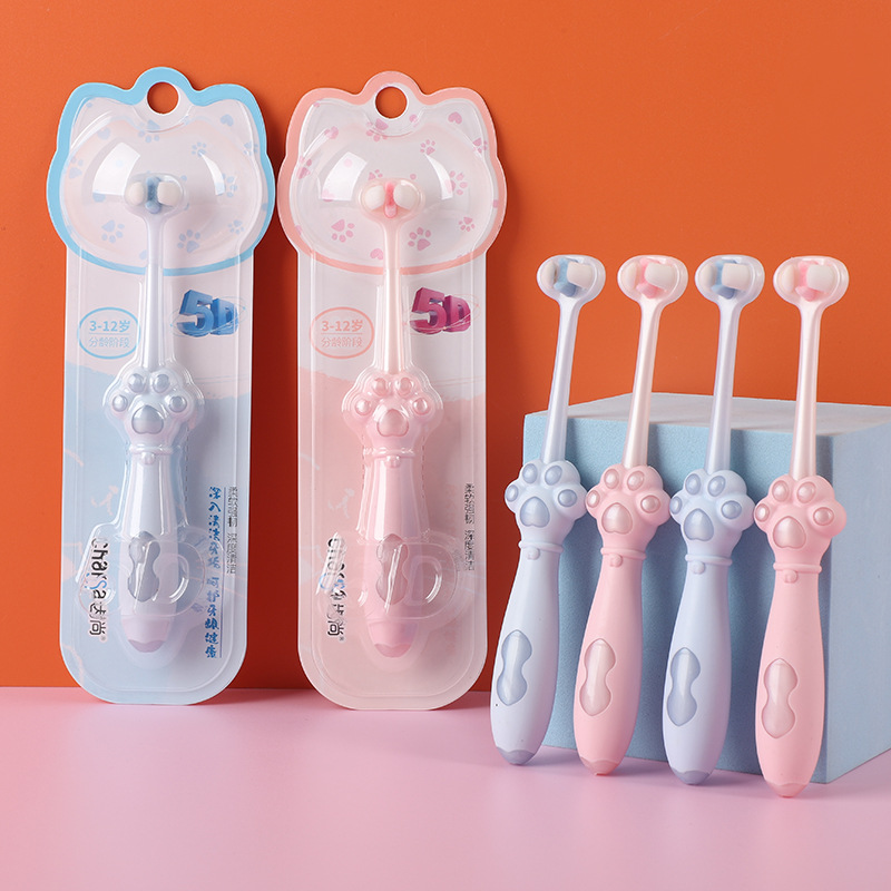Cepillo de dientes de lana suave de dibujos animados de tres lados, garras de gato, cepillo de dientes para niños, niños y niñas lindos, limpieza bucal del bebé, protección de las encías, paquete individual