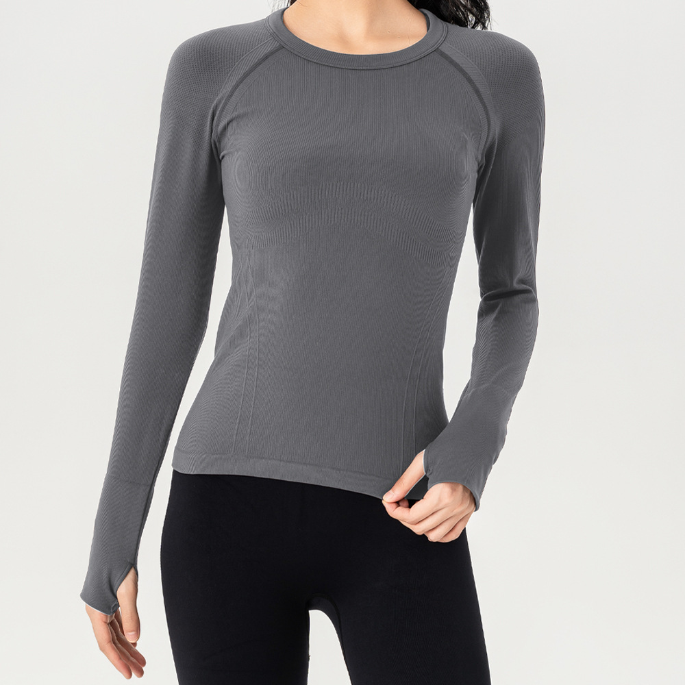 秋冬ヨガ服長袖通気性丸首ランニングフィットネス服アウトドア速乾ガードル着痩せ上着クロスボーダー新作