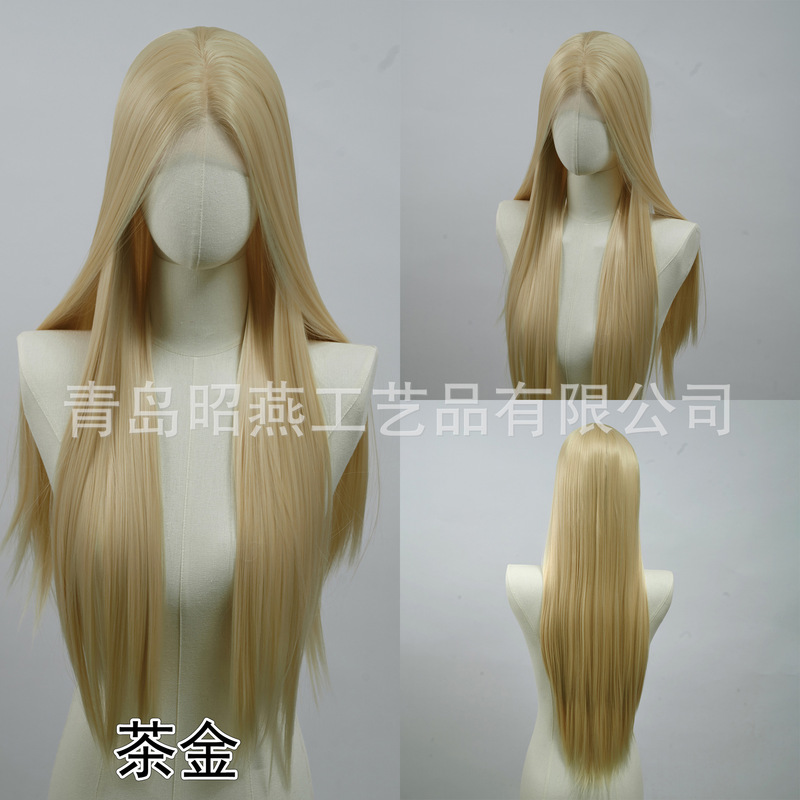 万用白金色13*4大面积手勾前额蕾丝全头套假发女cos自然手钩毛胚|undefined
