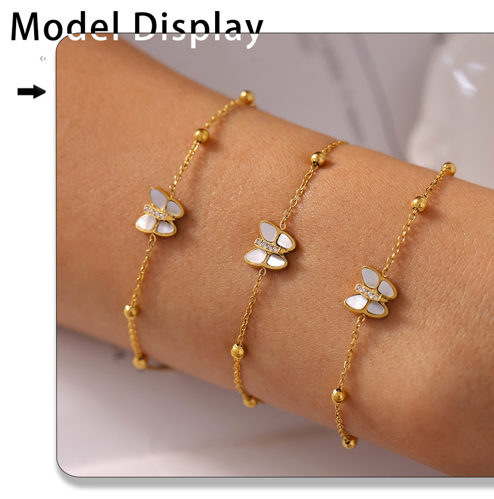 Natural Real Shell Butterfly Diamond 3A Zircon Small Bead Bracelet Titanium Steel Non Fading Bracelet_voghion.com