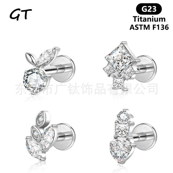 F Guangtitanium 136 Titanium Apple Inlaid Stone Earrings Cross-Border G23 Titanium Alloy Body Piercing Jewelry Ear Bone Nails Guangtitanium