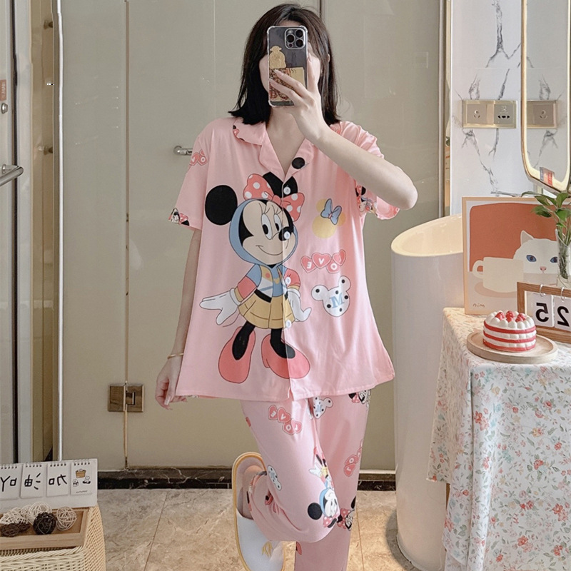 日系ins撞色拼接睡衣女夏季短袖2024年新款网红风家居服套装夏天