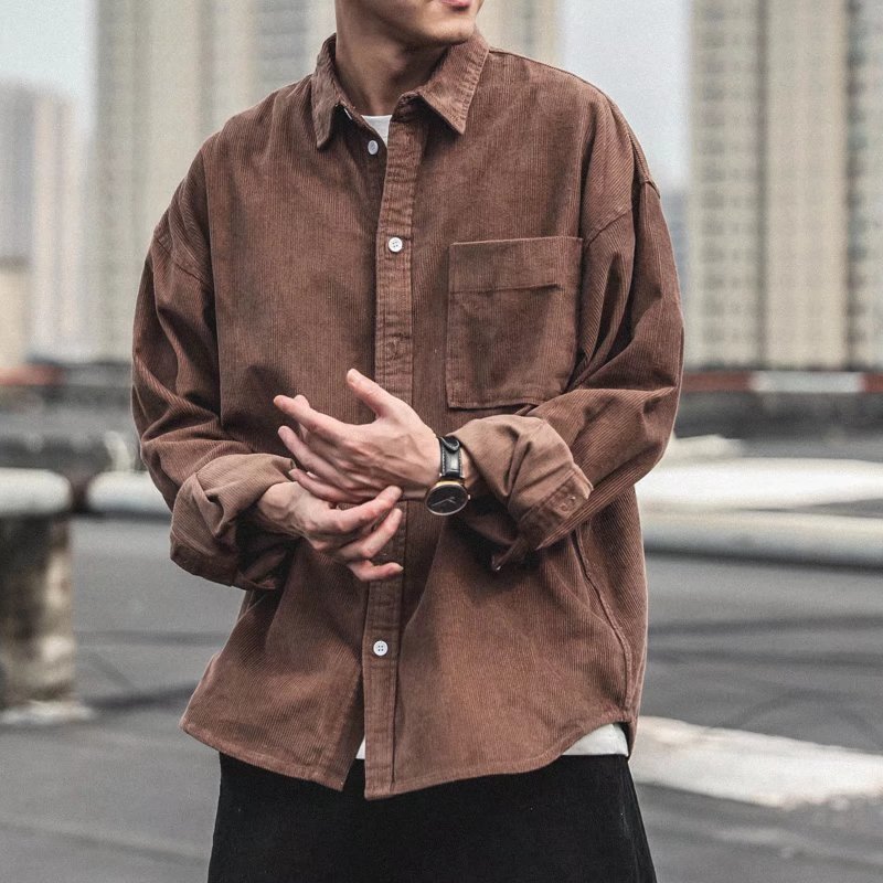 アメリカのレトロなコーデュロイのシャツの男性の長袖2023秋冬のベルベットの上の服のカジュアルなスーツのシャツのコート|undefined