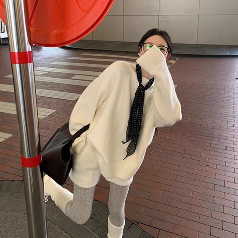 잉어 겉 나른한 바람 넉넉한 긴팔 스웨터 여성 세트 가을/겨울 느낌 단색 캐