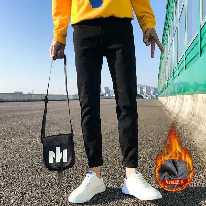 Весенне-осенние черные джинсы Мужские приталенные узкие облегающие 2023 Новые осенне-зимние модные брендовые повседневные длинные брюки на флисовой подкладке для мужчин