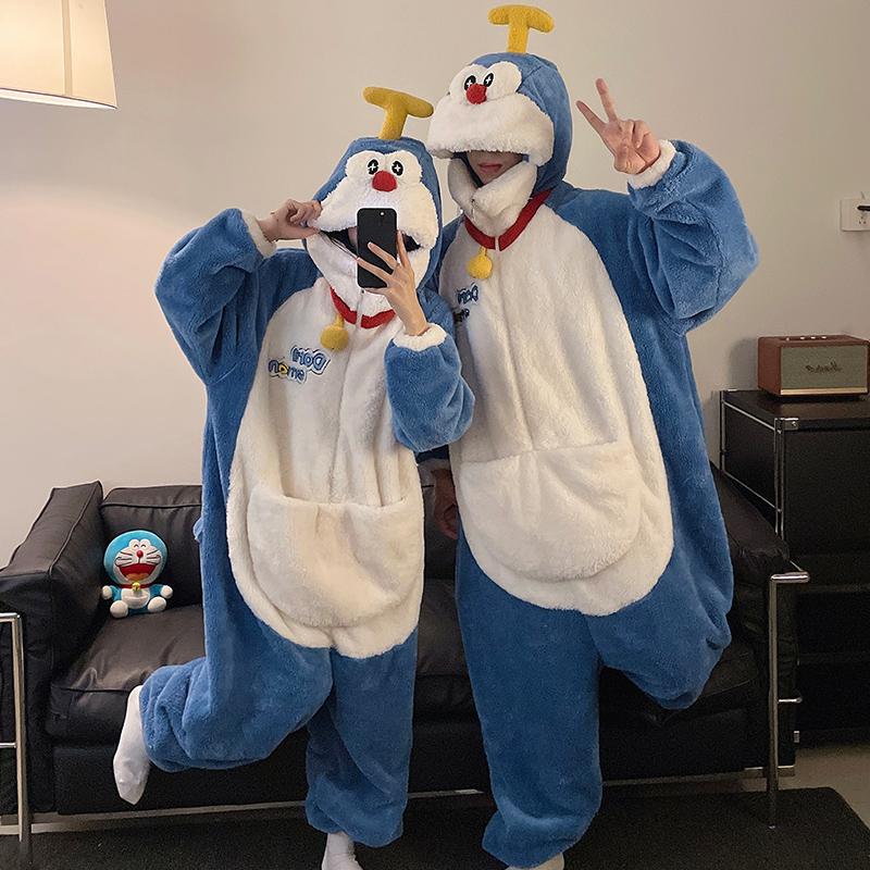 Couple's One-Piece Pajamas for Women, Doraemon Autumn and Winter Thickeneded Coral Velvet Men's Winter Home Clothes