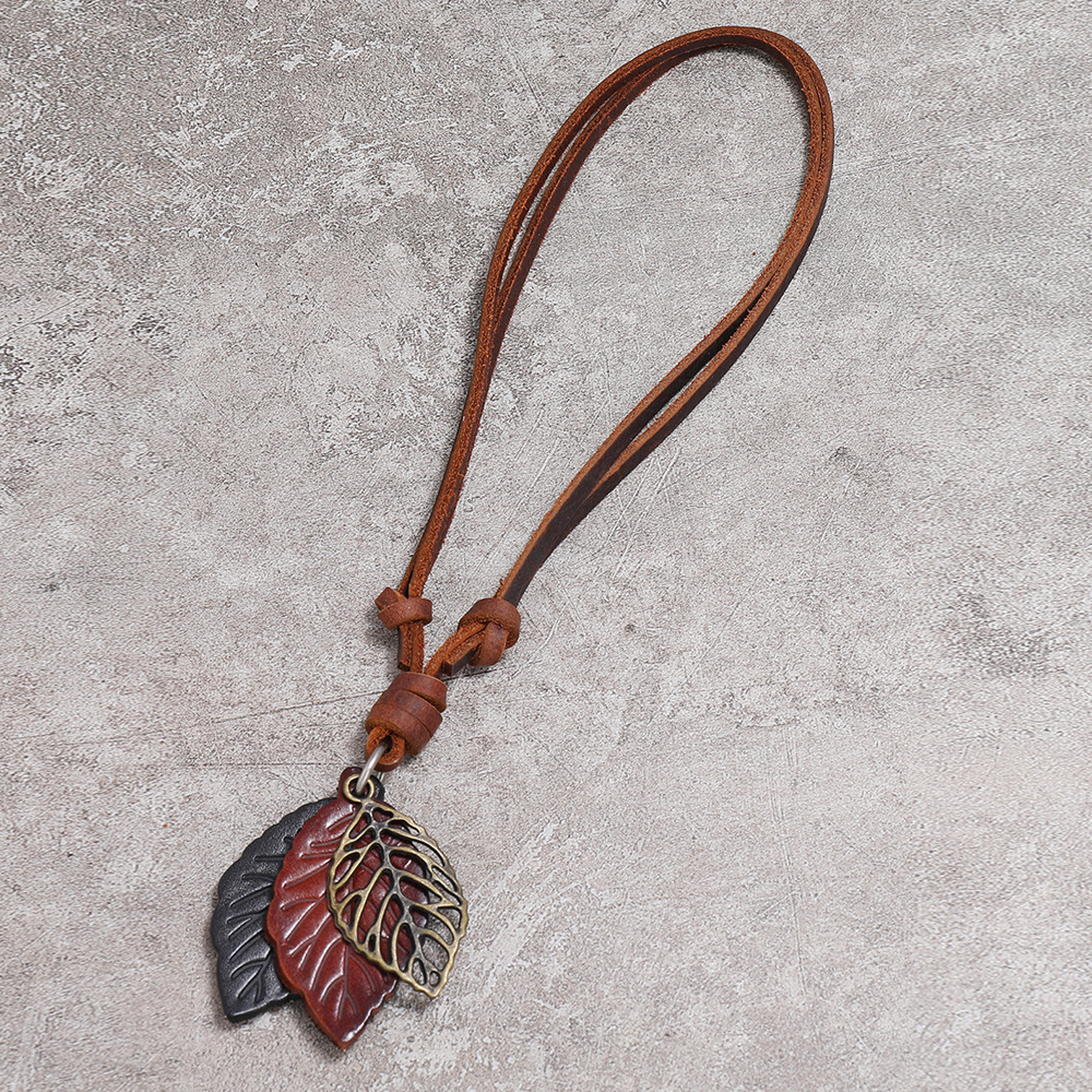 fashion retro leaf pendant leather necklace