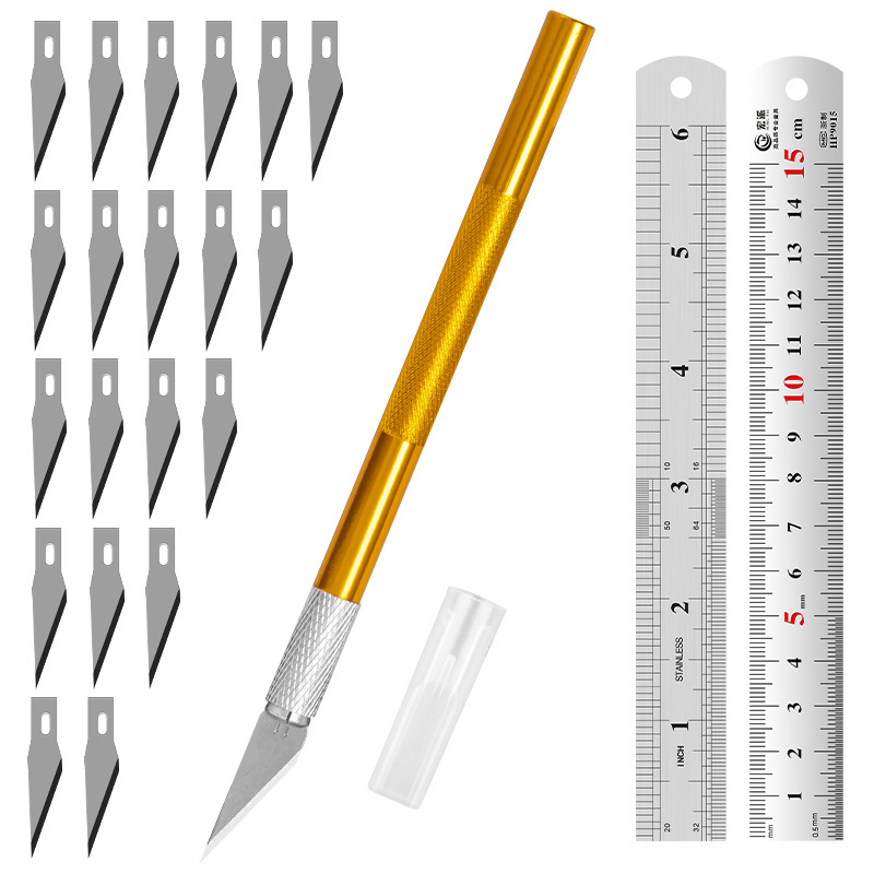 Juego de herramientas de tallado transfronterizo: cuchillo y regla de acero, cuchillo para manualidades con kit de cuchillas, regla de acero inoxidable de 15 cm para uso en bricolaje.
