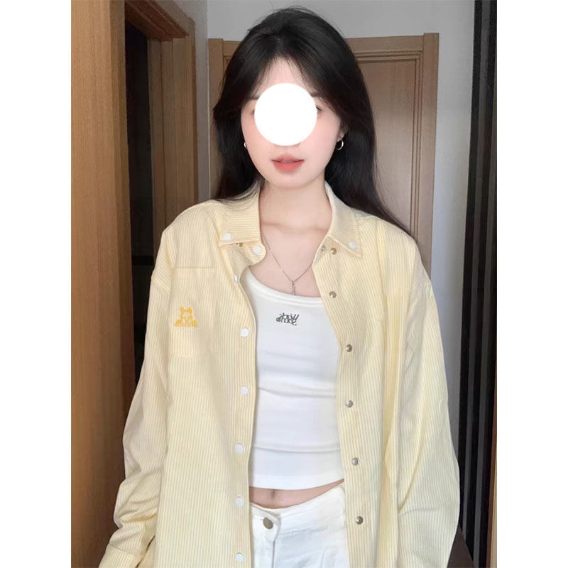 American Retro Yellow Stripesd Polo Collar Shirt Jacket for Women Spring & Fall Loose Casual Long-Sleeved Shirt Outer Top