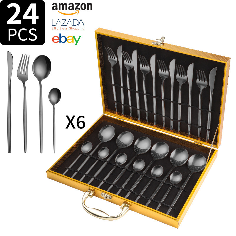 Juego de cuchillo y tenedor de comida occidental portuguesa de acero inoxidable de Amazon transfronterizo Juego de 24 piezas de bistec, cuchillo, tenedor, cuchara, cuchara, juego de cuchara de postre