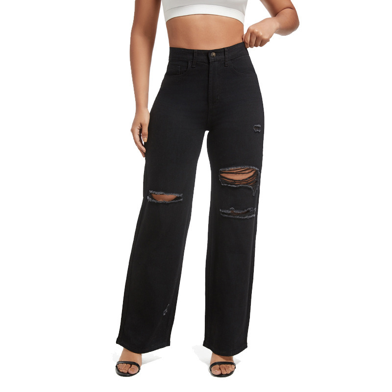 Jeans de Pierna Ancha para Mujer de Mezclilla de Algodón, Con Rasgados, De Alta Elasticidad