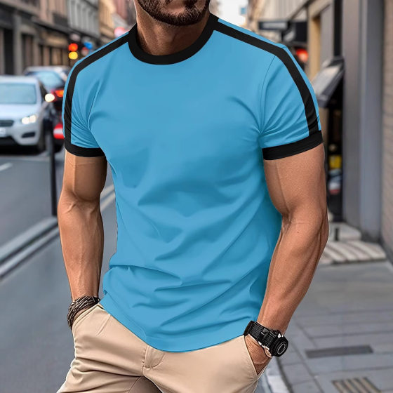 Summer 2025 New Cross-border European Code Men's Casual Short-sleeved European and American Sports Fitness Contrast Color Men's T-Shirt