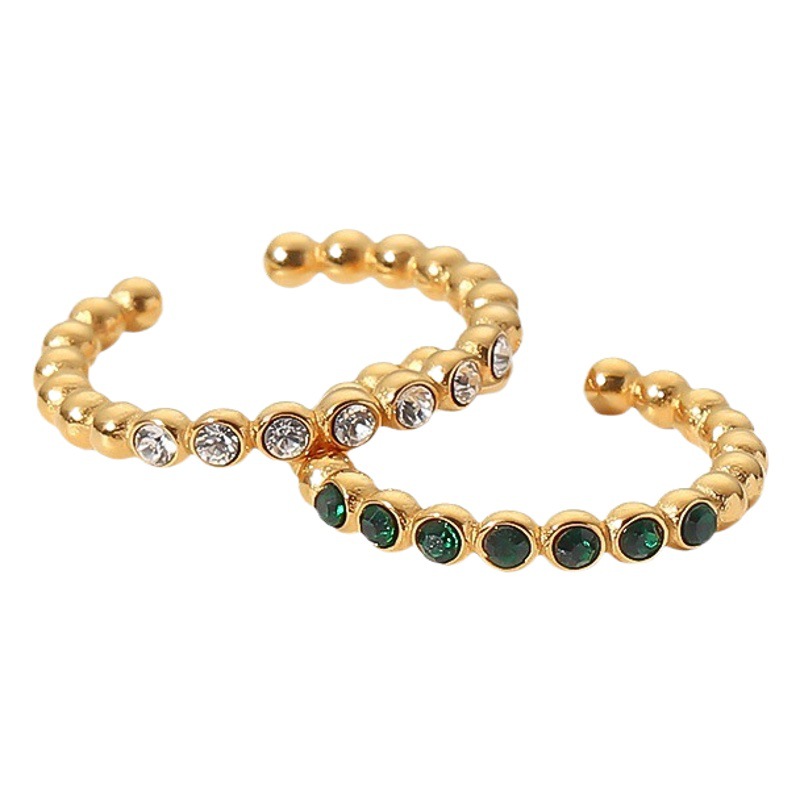 INS Internet celebridad anillo 18K chapado en oro fino perlas blanco/Verde circón anillo de la joyería de acero inoxidable anillo abierto para las mujeres