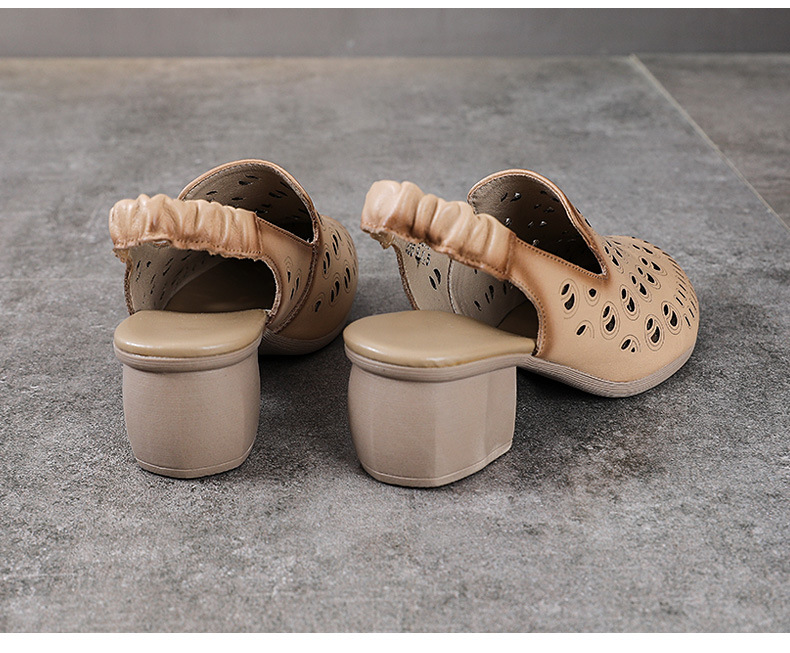 Sandal bít mũi da bò thật khoét lỗ thoáng khí gót thô mùa hè phong cách La Mã — Màu be chi tiết 15