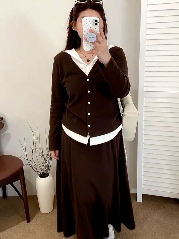 【包邮】大码女装假两件上衣女半裙两件套2025秋款胖mm针织套|undefined