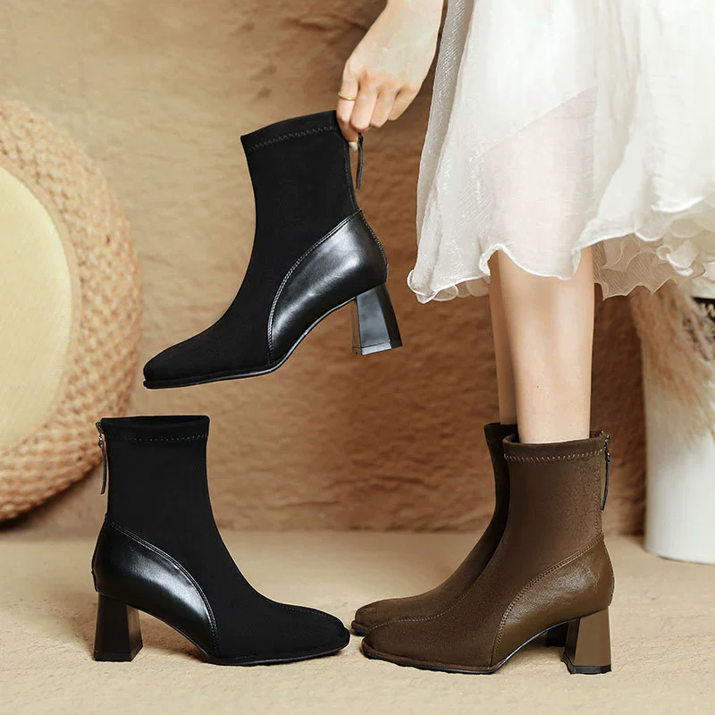 Женские короткие сапоги на высоком каблуке, новинка осени-зимы 2025, сапоги средней длины с квадратным носком, массивным каблуком, облегающие, в стиле пэчворк, короткие сапоги во французском стиле