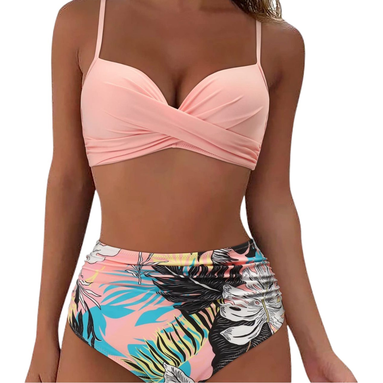 Traje de Baño Bikini de Dos Piezas de Talle Alto de Poliéster para Natación image 1