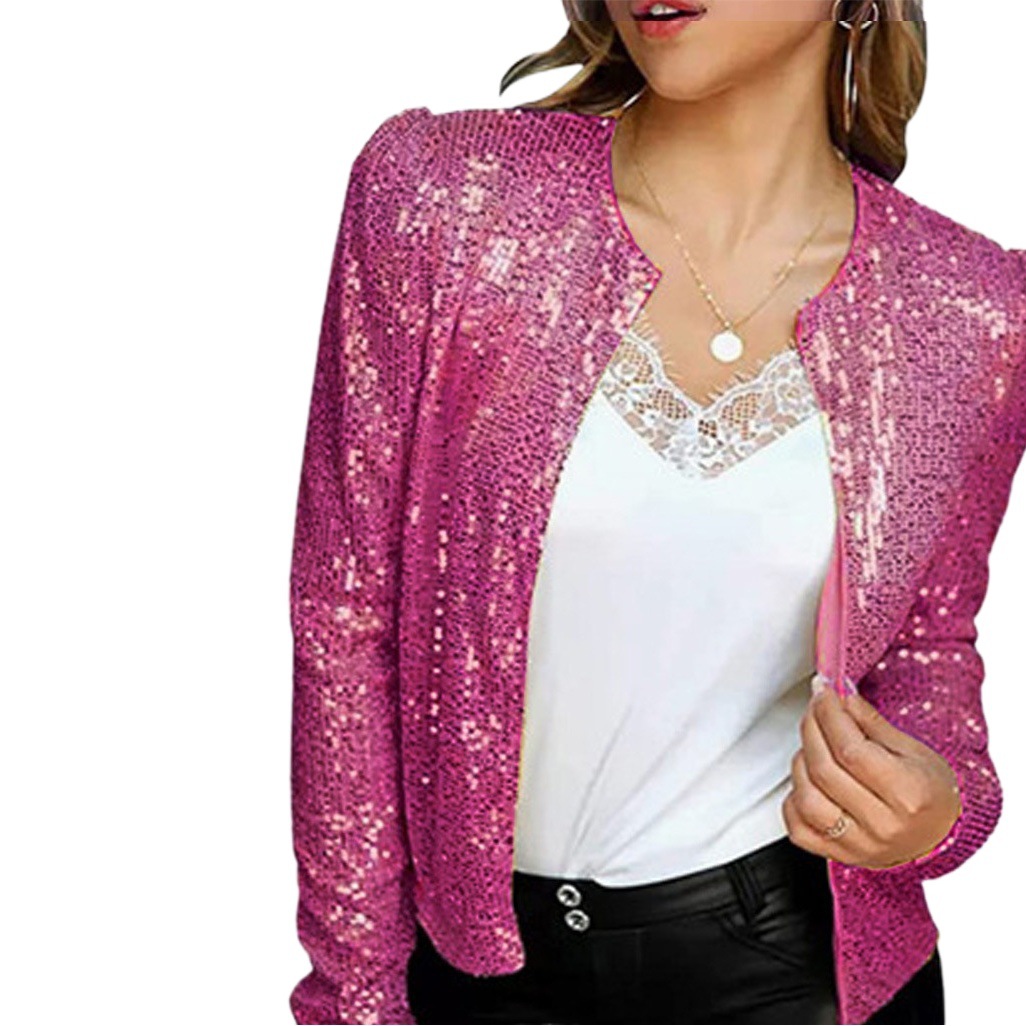 Chaqueta corta informal y versátil de lentejuelas de color liso con cuello alto, estilo europeo y americano, nueva colección primavera 2026 para mujer.