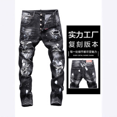 广州版本跨境外贸泼墨破洞牛仔裤男黑色刀割轻奢小脚男裤子