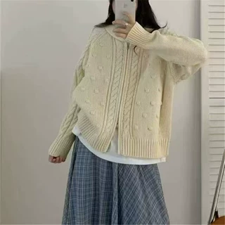 跨境秋冬新款麻花针织开衫女宽松翻领拉链毛衣外套慵懒风短款上衣