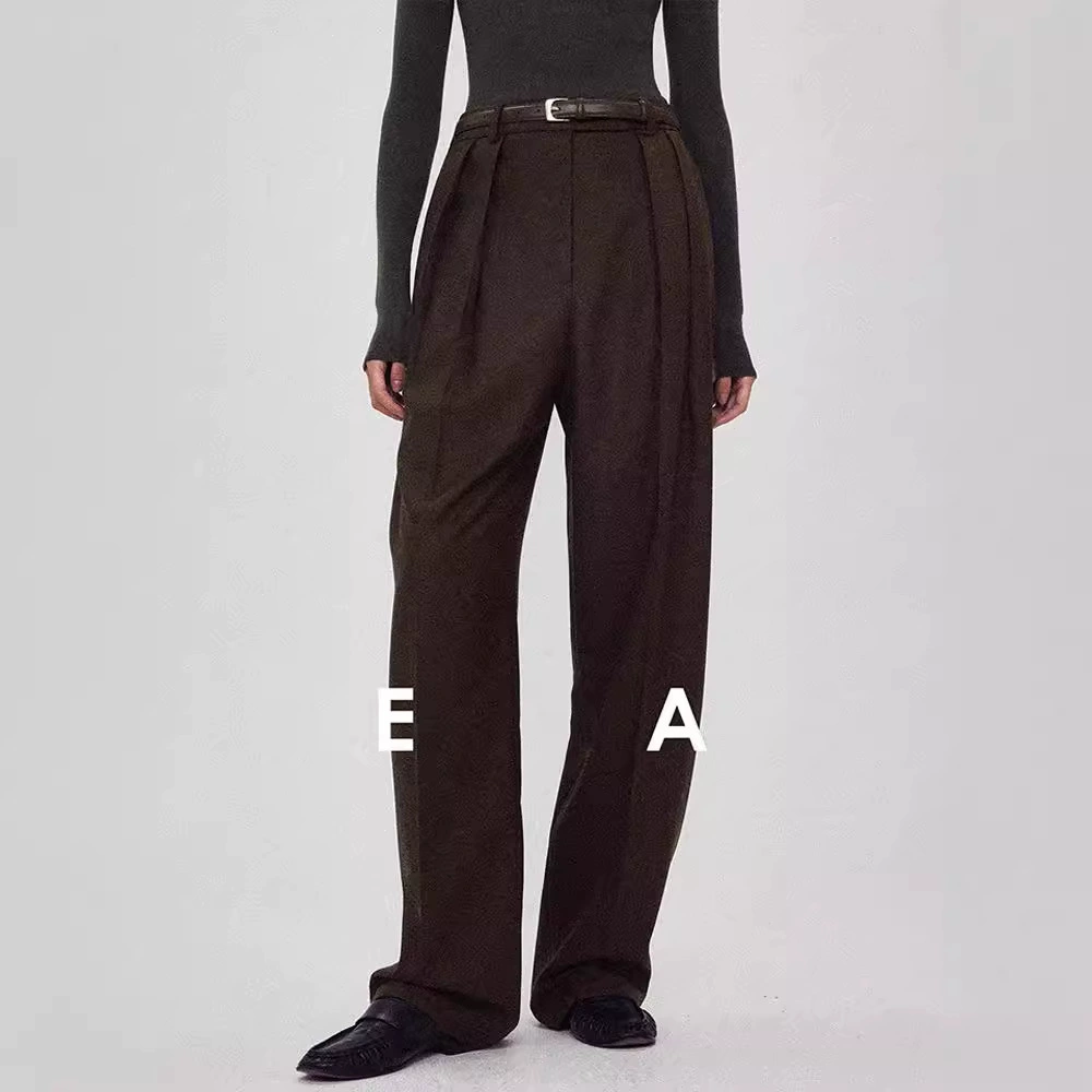 Прямые брюки в стиле ROW для женщин, осень-зима 2025, из тонкой шерсти, с высокой талией, утягивающие, широкие, с двойными складками, зауженные к низу, в стиле костюмных брюк.