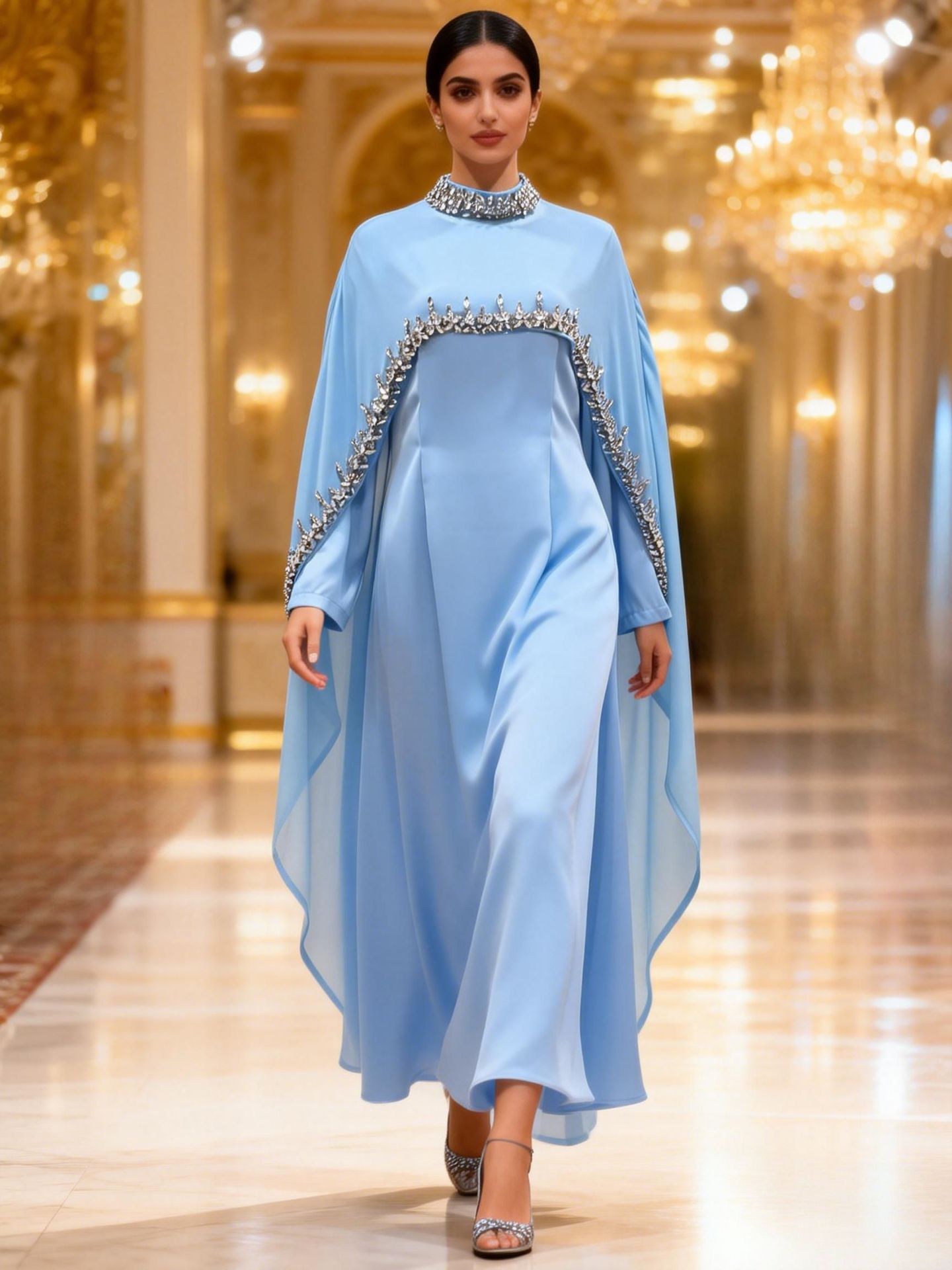 In-stock High-end Light Blue Diamond-embellished Cape Middle Eastern Dress Muslim Luxury Banquet Gown Arabian Robe_ecoleips.com