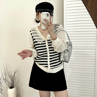 Plus Size Women's Lace Doll Collar Top Women's Slim Stripesd Shirt 2025 Autumn Fat mm Ice Silk Knitwear 22615
