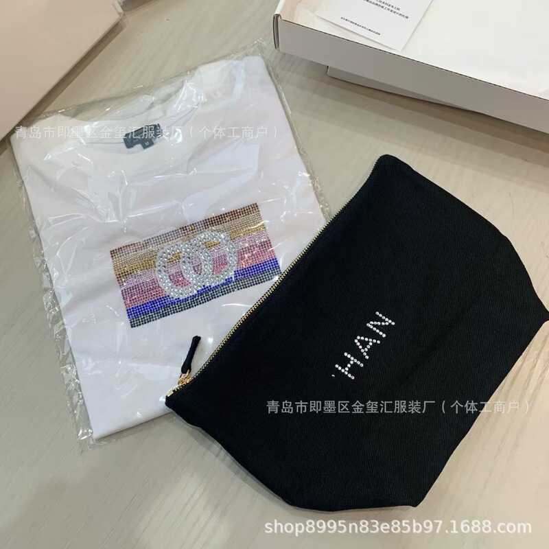 Vic Early Spring Vacation Series Gift Set: Two-Piece T-Shirt + Toiletry Bag Storage Bag, Pure Cotton with Rainbow Rhinestones