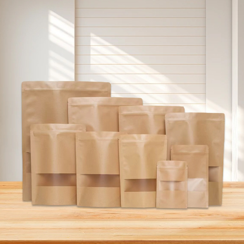 Bolsas de papel kraft de 60g con ventana y base autoestable para envasado de té y alimentos, bolsas de papel kraft autosellables, bolsas autoestables al por mayor.