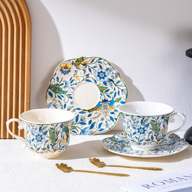 High-end retro serie de flores azules de lujo set de tazas y platos de té de la tarde de lujo de lujo ligero regalo