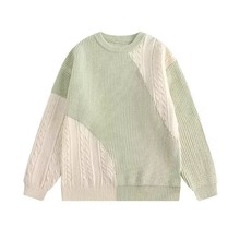 麻花拼接毛衣男港风宽松慵懒风时尚日系保暖圆领鹿毛绒针织衫现货