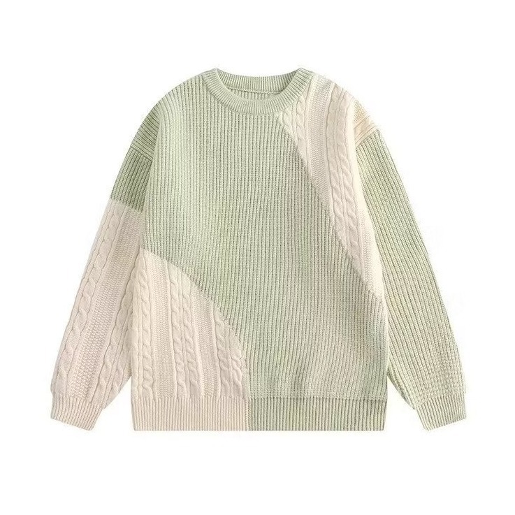 Cable knit patchwork sweater for men, Hong Kong style, loose and casual, fashionable Japanese style, warm round neck, deer fur knit sweater, in stock.