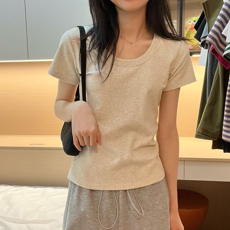 正肩u领棉上衣女夏季新款百搭短袖t袖修身显瘦设计感小众打底衫|undefined