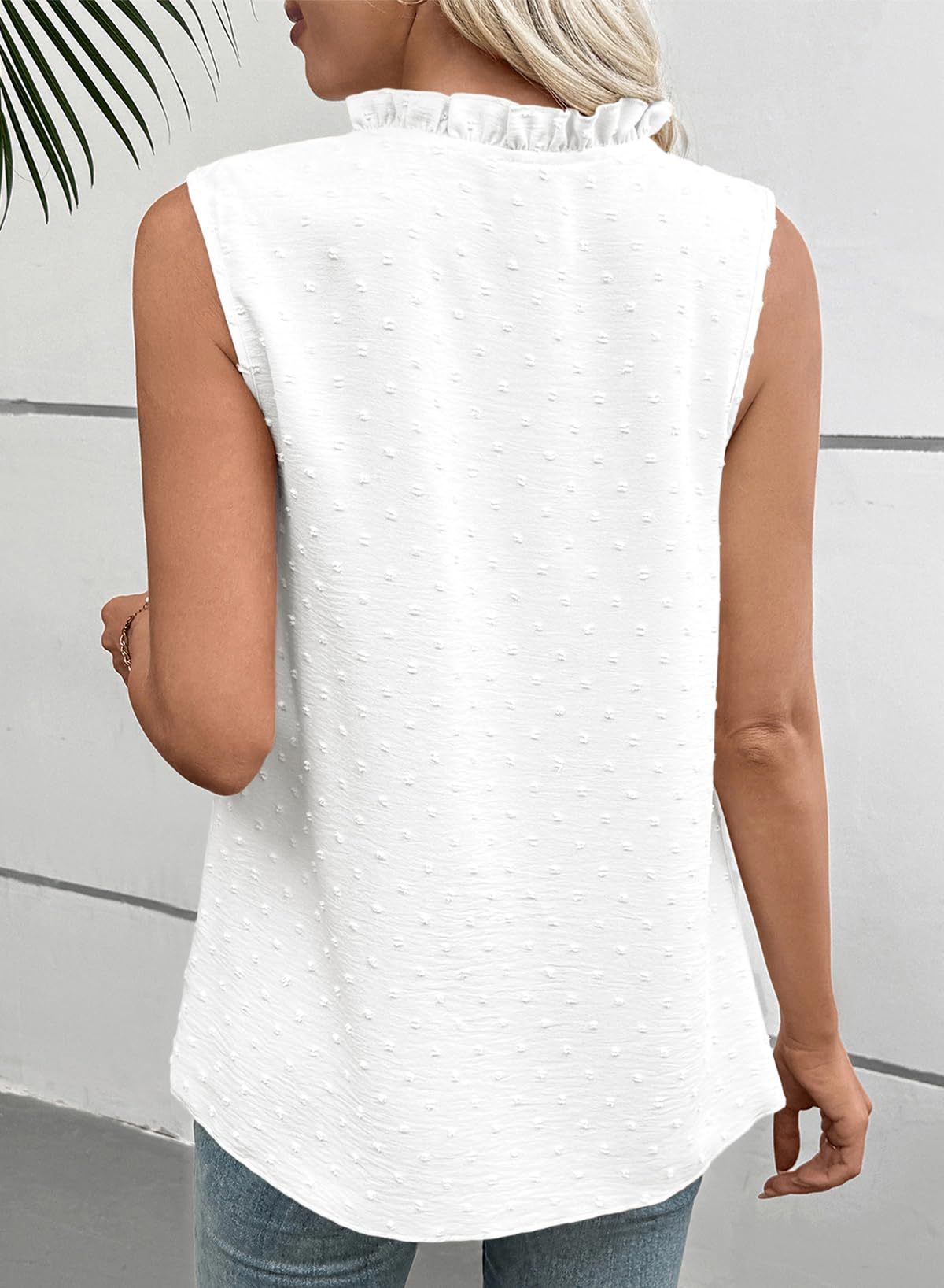 Women's Swiss Dot Lace Trim Sleeveless V-Neck Blouse, Relaxed Fit Breathable Top For Casual & Office Wear_ecoleips.com
