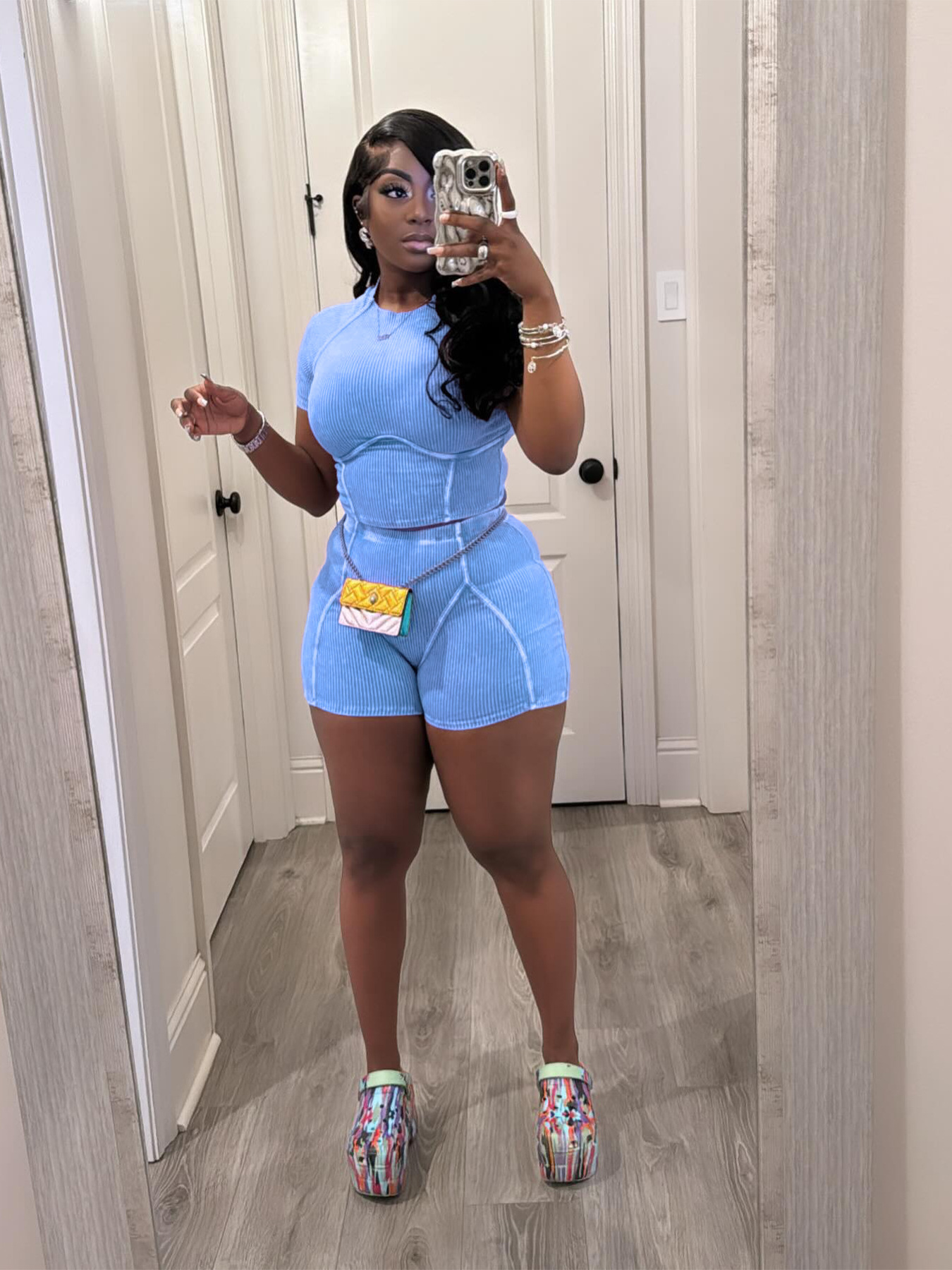 Women Clothing Thread Washed Faded Distressed Two Piece Shorts Set