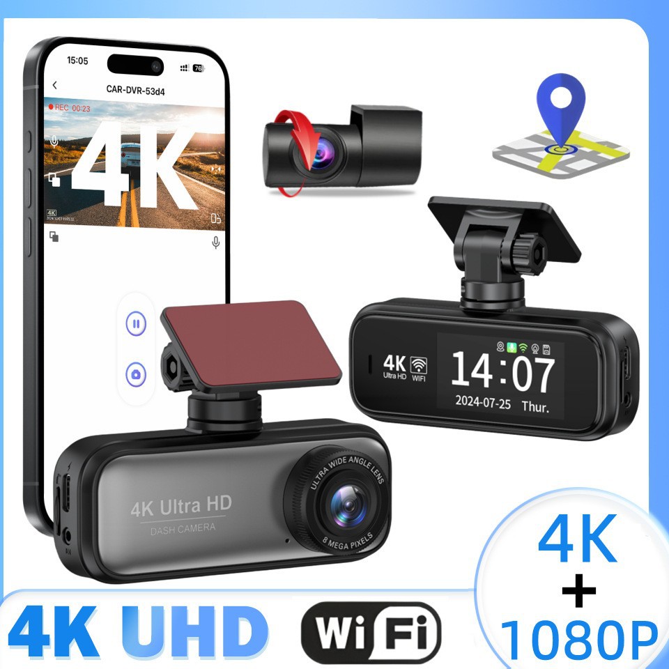 4K Ultra-High Definition Dual-Recording Dash Cam with Wifi, Mobile Phone Connectivity, Gps Tracking, and Parking Monitoring