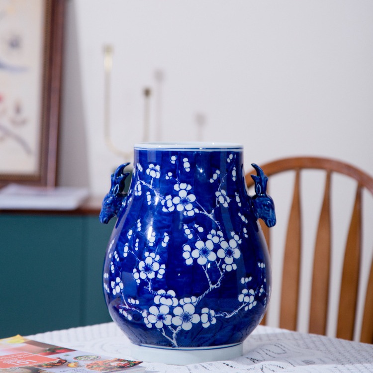 景德镇陶瓷花瓶青花喜上眉梢蓝色瓷瓶客厅摆件新中式博古架装饰品