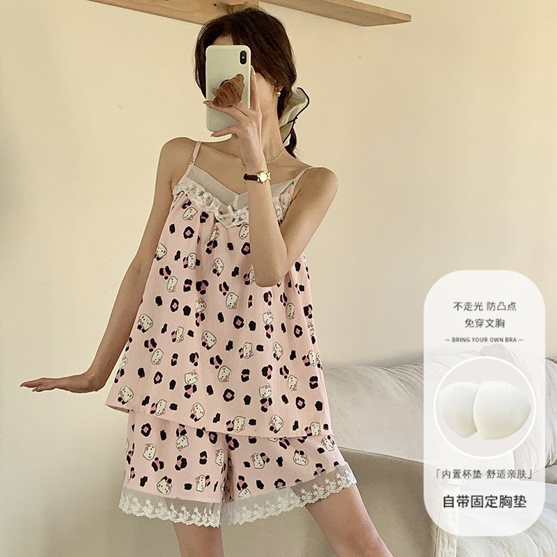 Venta al por mayor transfronteriza verano nuevo pijama mujer nube algodón encaje tirantes pantalones cortos cojín fijo para el pecho dulce servicio a domicilio