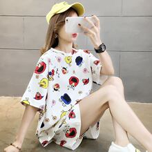睡衣女夏季宽松加大码甜美可爱学生短袖短裤可外穿韩版家居服套装
