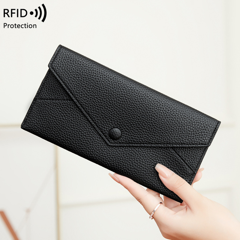 Cross-border New RFID Anti-theft Brush Women's Wallet Litchi Pattern Soft Leather Long Envelope Bag Ultra-thin Simple Clutch Bag