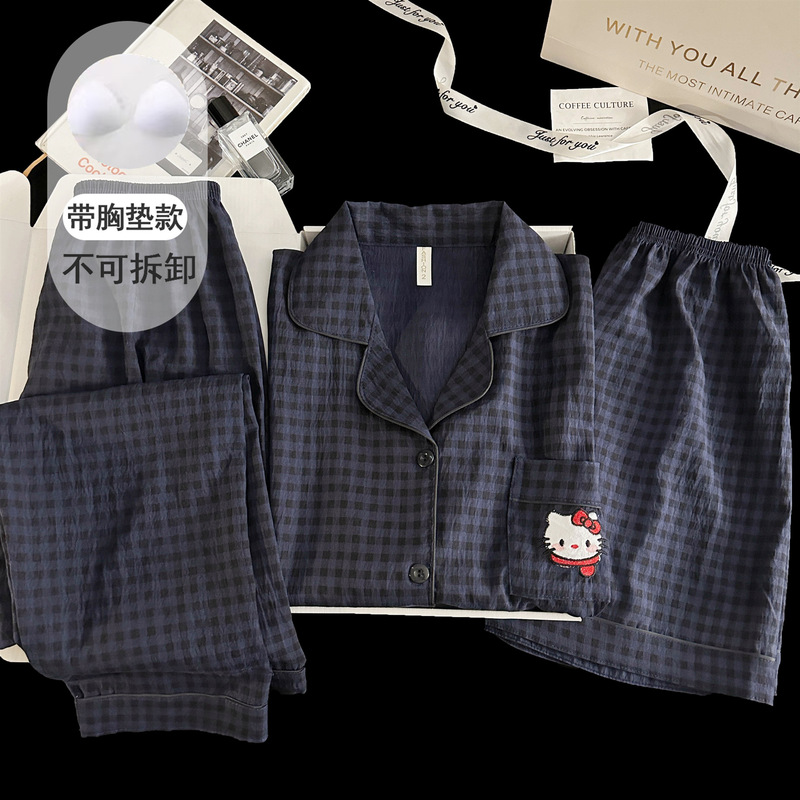 Women's summer short-sleeve cardigan three-piece home wear set with chest pads, in royal blue plaid with cat and cloud patterns, made of pure cotton gauze