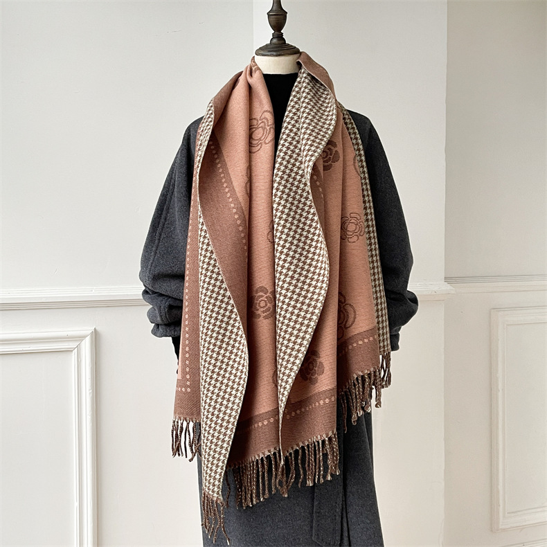 Herbst und Winter neue Tasche Damen Kerngarn Kamelie Tausend Vogelgitter doppelseitig warm Schal vielseitig dekorative Kaschmirschal_voghion.com