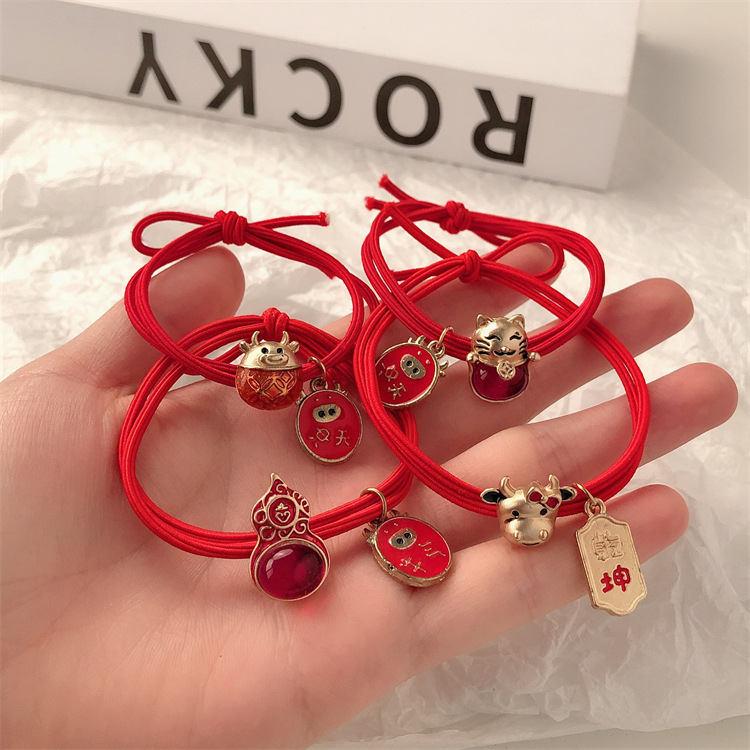 Fiesta de Año Nuevo de metal rojo elástico cuerda de cabeza de cabello de arco elástico de cabello de alta cola de caballo adornos de cabello