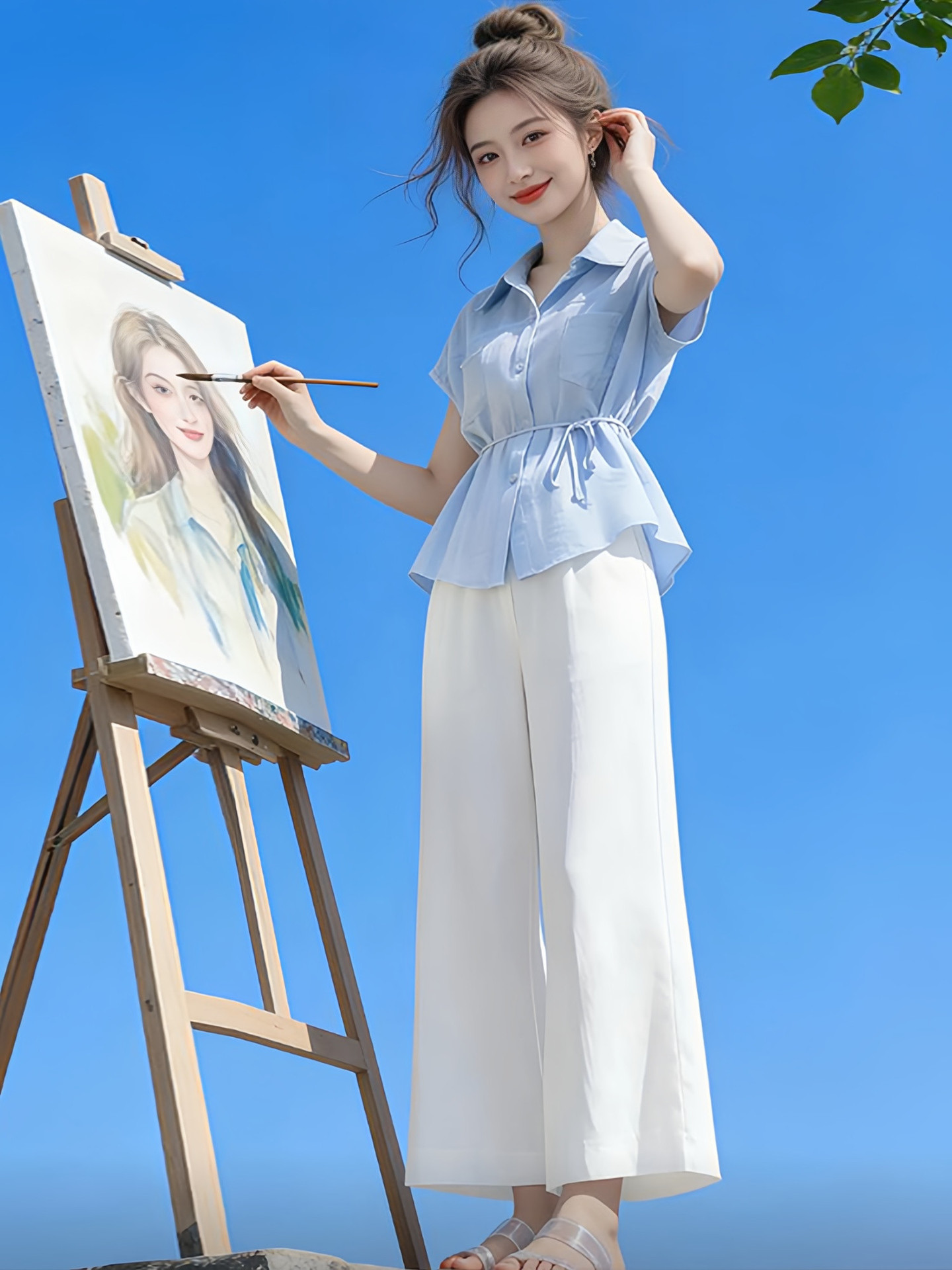 Bộ áo sơ mi ngắn tay phối quần ống rộng cạp cao nữ — Quần trắng chi tiết 2
